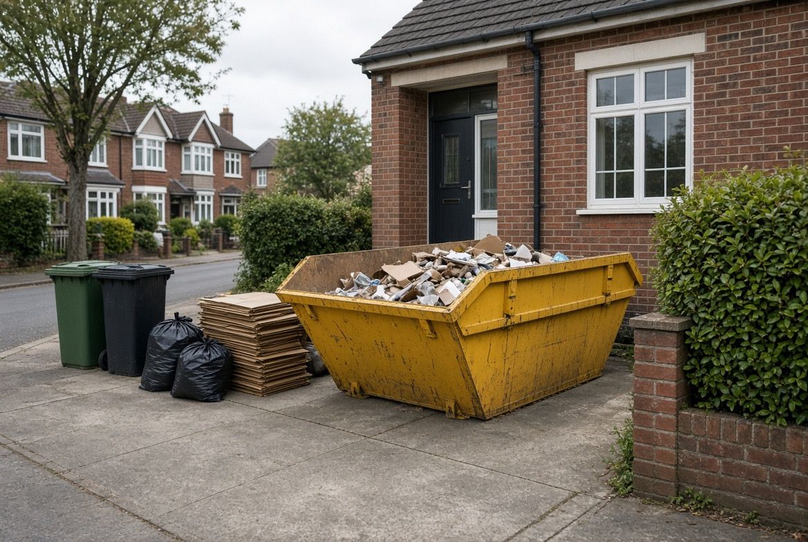 A yellow builders skip on a driveway beside wheelie bins, tied black bags and a neat stack of flattened cardboard ready for collection.