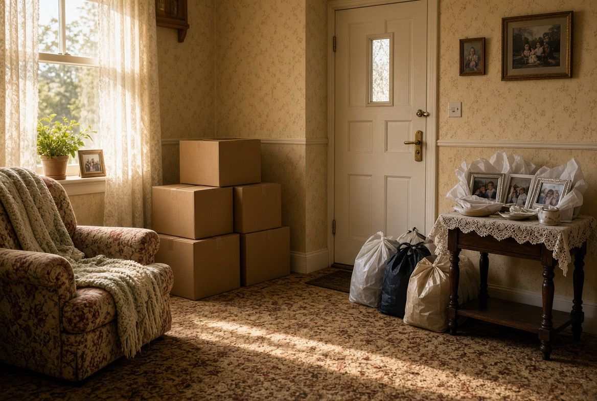 A sunlit front room part way through a careful clearance, with labelled cardboard boxes stacked, tied donation bags by the door and framed photographs wrapped in tissue on a side table.