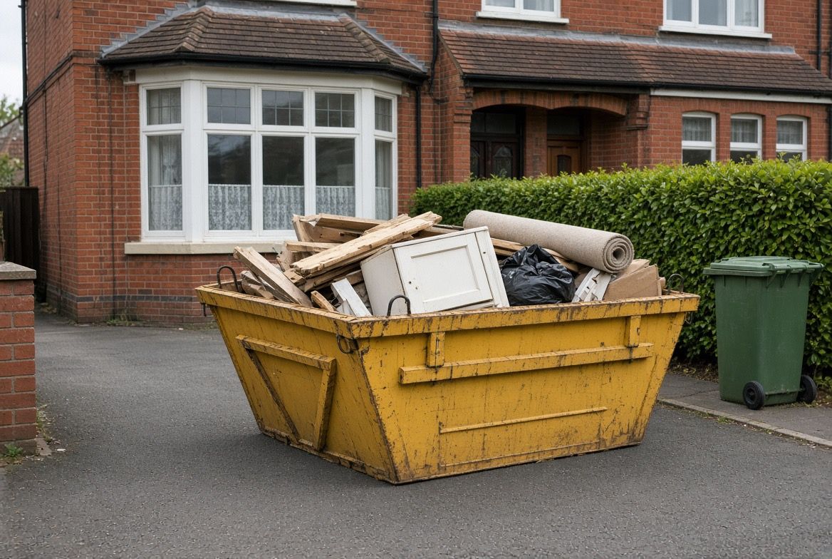 A part filled yellow builders skip on the driveway of a red brick semi detached house, holding timber offcuts, an old cupboard door, a rolled carpet and bagged waste.