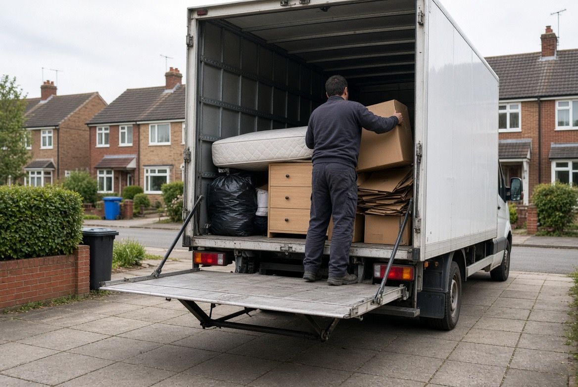 The open tail lift of a plain white Luton van, part loaded with a mattress, a chest of drawers, flattened cardboard and bagged waste, on a suburban driveway.
