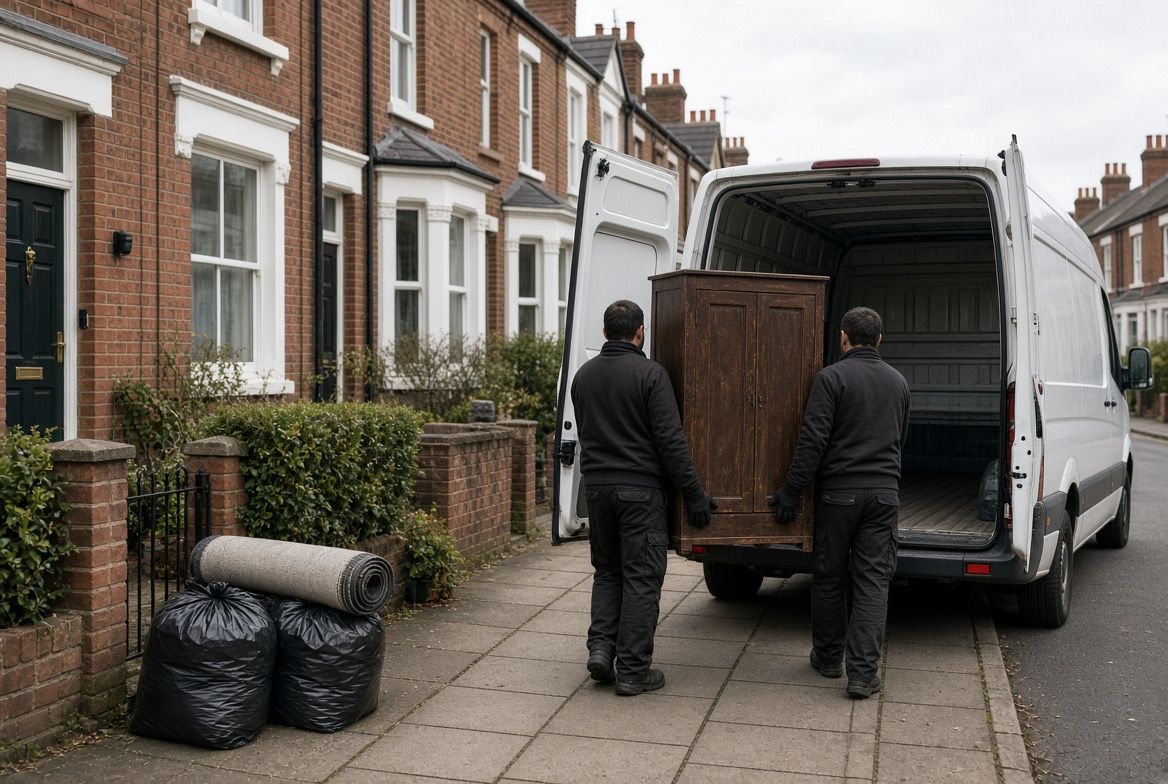 Two workers in plain workwear carrying an old wooden wardrobe into the back of a plain white van outside a terraced house, with bagged waste and a rolled carpet waiting on the pavement.